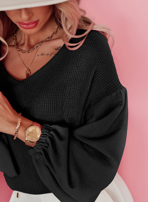 Waffle Knit Balloon Sleeve Splicing V Neck Top